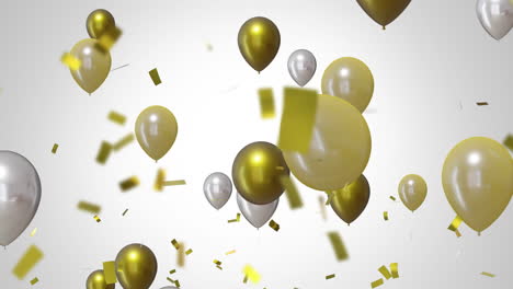Animation-of-gold-and-silver-balloons-with-confetti-on-white-background