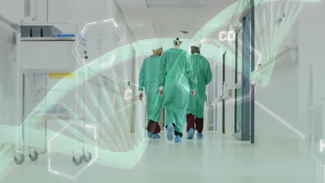 Animation-Eines-DNA-Strangs-über-Verschiedenen-Chirurgen-Im-Krankenhaus