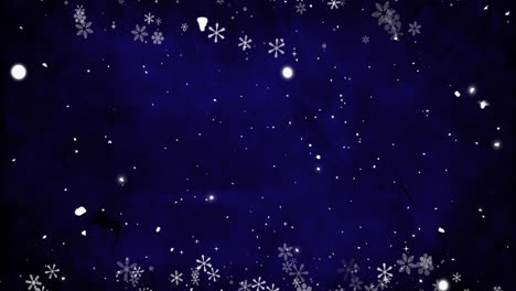 Animation-of-snow-falling-over-blue-background-with-copy-space