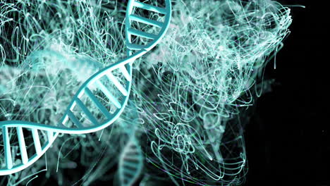 Animation-of-dna-strands-spinning-with-glowing-light-trails-over-dark-background