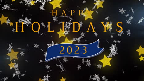 Animation-of-happy-holidays-2023-text-and-snow-falling-over-black-background