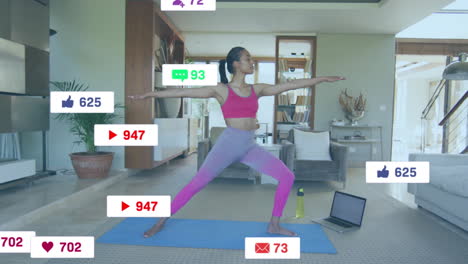 Animation-of-social-media-notifications-over-biracial-woman-practicing-yoga-at-home