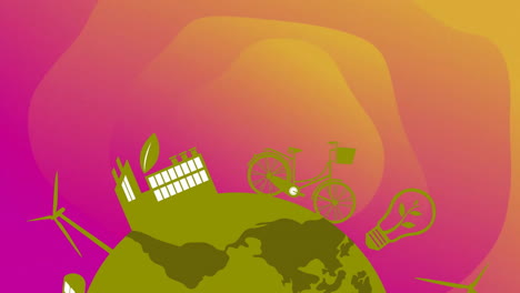Animation-of-globe-with-ecology-icons-over-pink-and-orange-background
