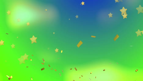 Animation-of-falling-gold-confetti-and-stars-over-blurred-green-and-blue-background