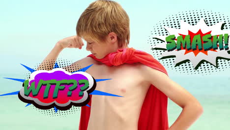 Animation-of-wtf-and-smash-text-in-retro-speech-bubbles-over-caucasian-boy-dressed-as-superhero