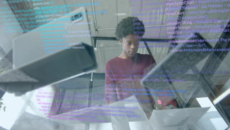 Animation-of-data-processing-over-african-american-businessman-in-office