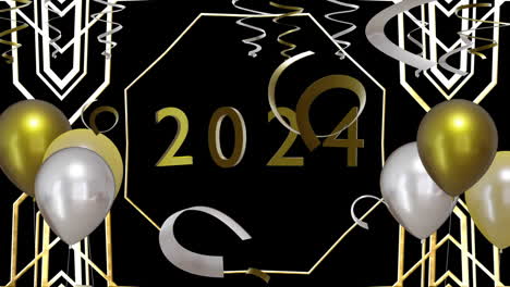 Animation-of-gold-and-silver-balloons-with-2024-and-pattern-on-black-background