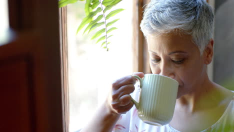 Thoughtful-senior-biracial-woman-drinking-tea-at-window-at-home,-slow-motion