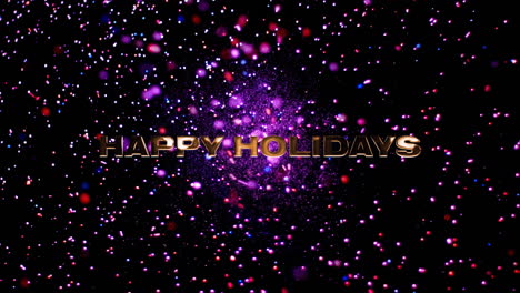 Animation-of-happy-holiday-text-with-falling-confetti-balls-on-black-surface