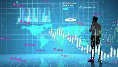 Animation-Einer-Weltkarte-Und-Der-Verarbeitung-Finanzieller-Daten-über-Einem-Geschäftsmann
