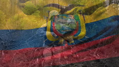 Animation-of-flag-of-ecuador-over-caucasian-male-soldiers-holding-weapons-walking-in-forest