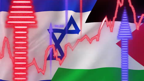 Animation-Von-Pfeilen-Und-Der-Verarbeitung-Finanzieller-Daten-über-Der-Flagge-Von-Israel-Und-Palästina