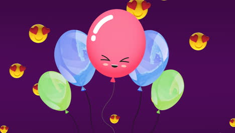 Animation-Von-Ballons-Und-Herz-Emojis-Auf-Violettem-Hintergrund