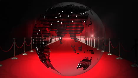 Animation-of-globe-with-network-of-connections-over-red-carpet-on-black-background