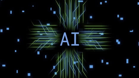 Animation-of-ai-text,-circuit-board-with-data-processing-over-black-background