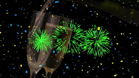 Animation-of-fireworks-and-confetti-falling-over-champagne-glasses