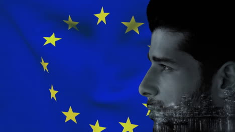 Animation-of-biracial-man-with-cityscape-over-flag-of-eu