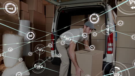 Animation-of-network-of-connections-over-caucasian-delivery-man-loading-boxes-into-van
