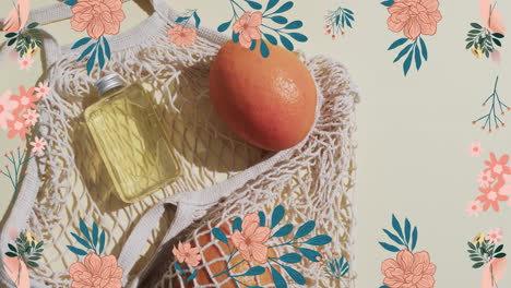 Animation-Eines-Blumenrahmens-Mit-Flasche,-Orange-In-Der-Tüte-Und-Kopierraum-Auf-Weißem-Hintergrund
