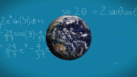 Animation-of-globe-with-mathematical-data-processing-on-blue-background