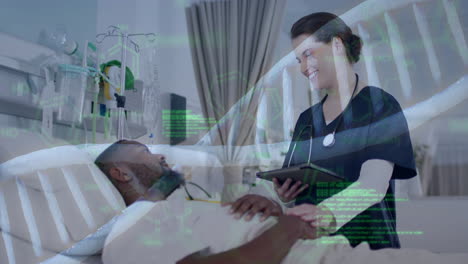 Animation-of-dna-strand-over-diverse-male-patient-and-female-doctor-in-hospital