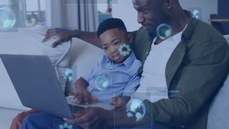 Animation-of-data-processing-over-happy-african-american-father-and-son-using-laptop-at-home