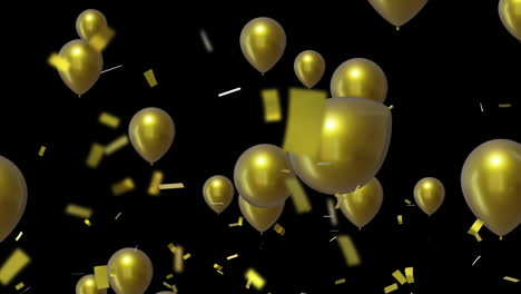 Animation-of-gold-balloons-with-confetti-on-black-background