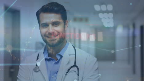 Animation-of-network-and-data-processing-over-happy-caucasian-male-doctor-in-hospital