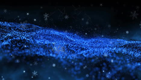 Animation-of-snow-falling-over-blue-spots-on-black-background