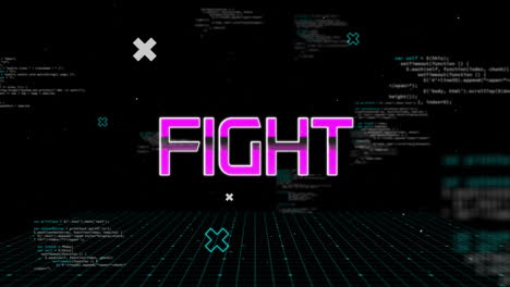 Animation-of-fight-text-and-data-processing-over-dark-background
