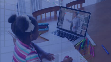 Animation-Der-Datenverarbeitung-über-Afroamerikanische-Schulmädchen-Am-Laptop-Beim-Online-Lernen