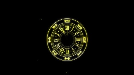 Animation-of-countdown,-clock-showing-midnight-and-spots-of-light-on-black-background