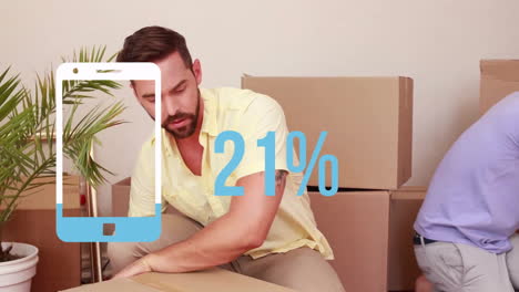 Animation-of-smartphone-and-percent-in-blue-over-diverse-couple-moving-in-with-cardboard-boxes