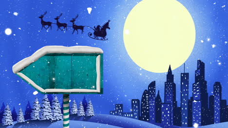Animation-of-snow-falling-over-christmas-sant-claus,-full-moon-and-winter-scenery