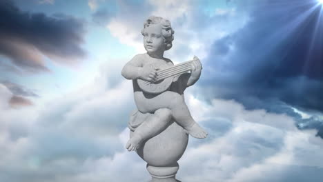 Animation-of-gray-sculpture-of-cupid-over-blue-sky-and-clouds