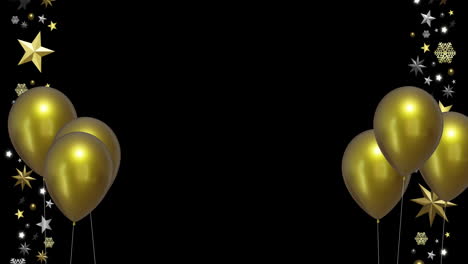 Animation-Von-Goldenen-Luftballons-Mit-Sternen-Und-Kopierraum-Auf-Schwarzem-Hintergrund