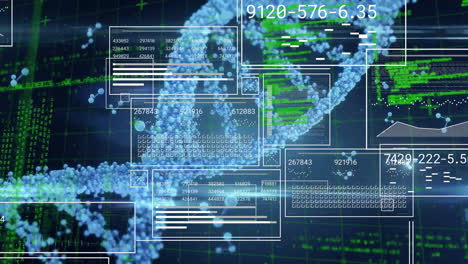 Animation-of-interface-screens-processing-data-over-dna-strand-on-dark-background