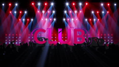 Animation-of-club-text-over-silhouettes-of-dancing-people-and-flashing-lights-on-black-background