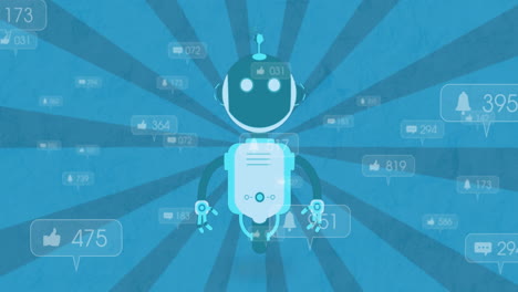 Animation-Eines-Fliegenden-Roboters-Und-Benachrichtigungsleisten-über-Einem-Sonnenstrahl-Vor-Blauem-Hintergrund