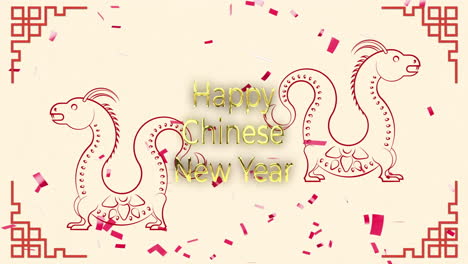 Animation-of-happy-chinese-new-year-text-over-dragons-and-chinese-pattern-on-yellow-background