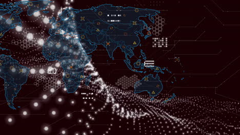 Animation-Eines-Netzwerks-Aus-Verbindungen-Und-Datenverarbeitung-über-Einer-Weltkarte-Auf-Dunklem-Hintergrund