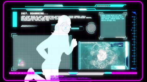 Animation-of-screens-with-data-processing-over-woman-running-on-dark-background