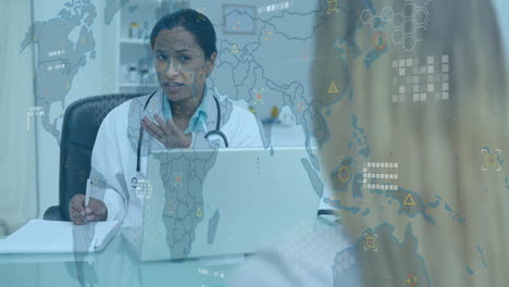 Animation-of-data-processing-over-biracial-female-doctor-with-female-patient