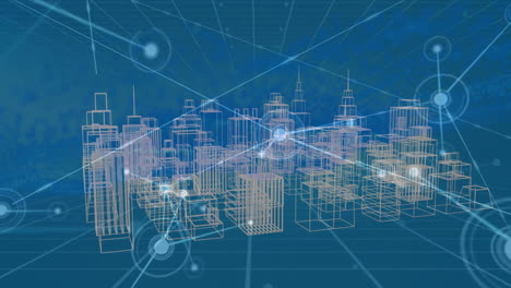 Animation-of-communication-network-over-3d-plan-of-city-buildings-on-blue-background