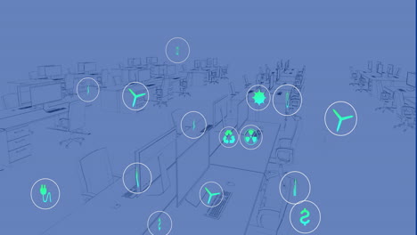 Animation-Von-Symbolen-Für-Nachhaltige-Energie-über-Einem-3D-Modell-Eines-Digitalen-Arbeitsplatzes-Im-Büro