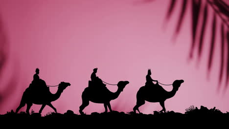 Animation-of-christmas-wise-men-on-camels-on-pink-background