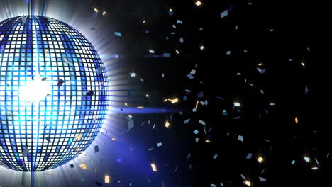 Animation-of-confetti-and-disco-mirror-ball-spinning-on-black-background