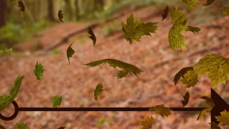 Animation-Von-Blättern,-Die-über-Pfeile-Und-Bäume-Im-Herbstwald-Wehen