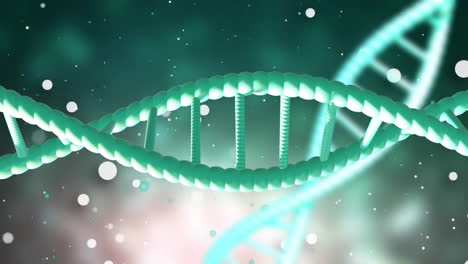 Animation-of-dna-strands-spinning-with-glowing-lights-over-dark-background