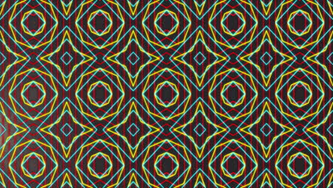 Animación-De-Patrones-De-Líneas-Caleidoscópicas-Repetidas-En-Azul,-Verde,-Amarillo-Y-Rojo-Sobre-Fondo-Oscuro